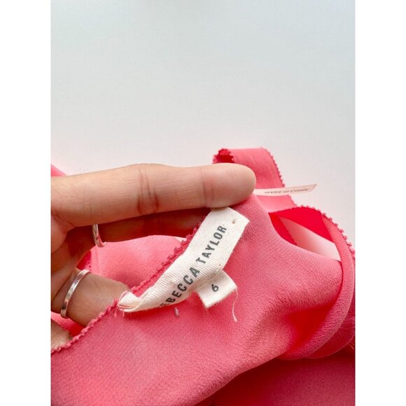 REBECCA TAYLOR Coral Pink Silk Crepe Cascade Ruffle V-Neck Blouse Top, Size 6 - Picture 9 of 12